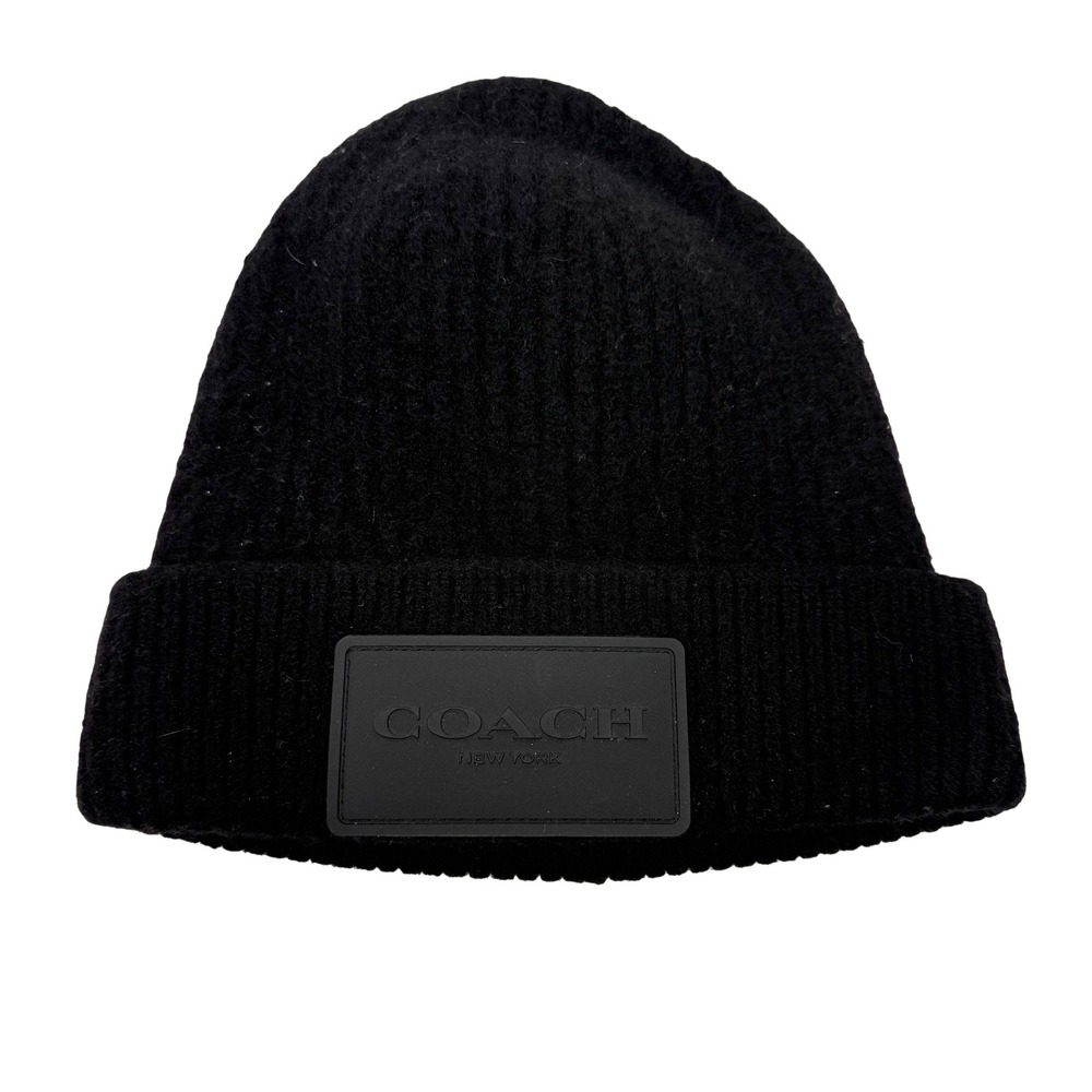 Coach New York Black Ribbed Knit Beanie Hat with Leather Logo Patch Womens
